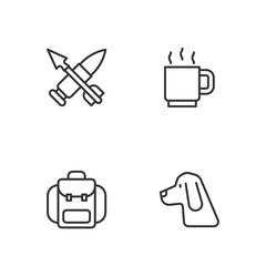 Poster - Set line Hunting dog, Hiking backpack, Crossed bullet with arrow and Coffee cup icon. Vector