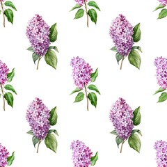  Seamless pattern with many branches of lilac on white background in watercolor style. Generative AI.