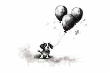 Wall Mural - a line art illustration in black and white of a dog carrying two balloons. Generative AI