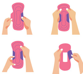 Set of female hands with sanitary napkins. Vector illustration in flat style.