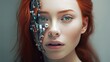 Portrait of a young girl with red hair, half with the face of a robot, a cyborg. Concept people coexist with modern technology and neural network.