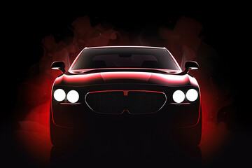 Front view dark silhouette of a modern luxury red car isolated on dark background with red neon light and smoke. Created with Generative AI Technology