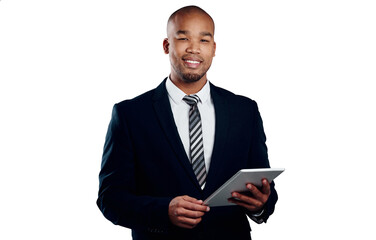 Poster - Managing the business with his expertise. Studio shot of a handsome young businessman using a tablet against a white background.