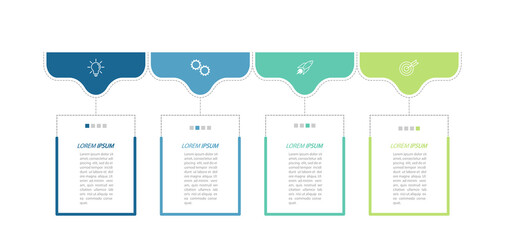 4 stages of development, improvement or training. Infographics with visual action icons for business, finance, project, plan or marketing