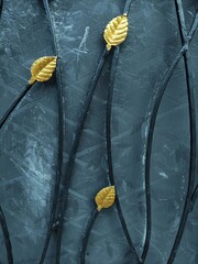 Abstract metal background with yellow leaves on a black background. Abstract background with leaves on the iron fence. Detail of a forged metal fence with yellow leaves on it. 