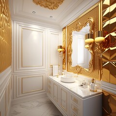 professional luxury bathroom with gold colored tiles black ornate bright shining mirror white apartment clear beautiful door with wall Generative AI 