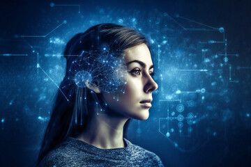 Wall Mural - young woman head with generic technology circuits over. concept of artificial intelligence and advan