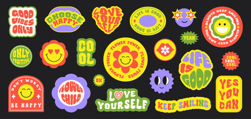 Wall Mural - Trendy colorful set stickers with smiling face and text isolated on a black background. Collection of cartoon shapes, positive slogans in style 70, 80s. Vector illustration
