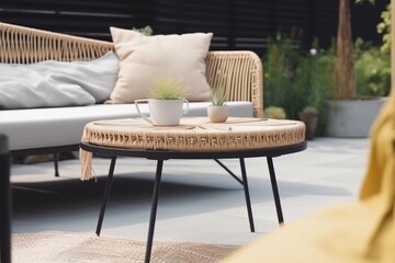  terrace with a comfortable leisure sofa with cushions, table, sofa in the yard and garden , ai generative