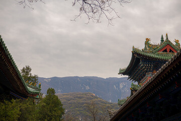 Pagoda and roofs of Shaolin monastery. Shaolin is a Buddhist monastery in central China. Located on Songshan Mountain. Copy space for text