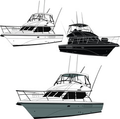 Wall Mural - Vector, line art and color image of fishing boat on a white background.