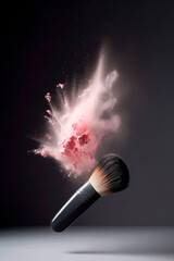 Wall Mural - Cosmetic brush with pink powder in motion spreading on black background. No people. Cosmetic Background concept. Illustration. Generative AI