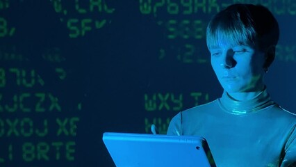Portrait young adult female programmer coder using digital tablet, hacking digital security system. Silhouette on background projection random computer code. Woman illuminated blue neon light indoors