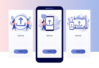 Wall Mural - upload symbol. load sign. tiny people uploading data, files. data exchange concept. screen template 