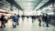 © Rafa Fernandez - People traveling, walking through airport, motion blur, wide shot. Generative AI