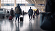 © Rafa Fernandez - People traveling, walking through airport, motion blur, wide shot. Generative AI