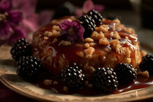 Delicious Blackberry Crumble With A Drizzle Of Caramel Sauce On A Vintage Floral Plate, Food Photography, Food Art, Generative AI