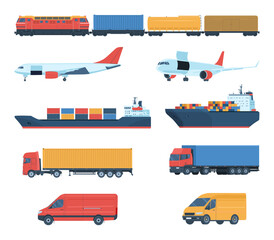 Set of different cargo vehicles in two projections. Vector illustration.