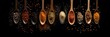 © JIRMoronta - A row of wooden spoons filled with different types of spices on black background. Generative ai