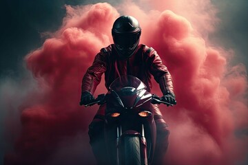 a motorcycle rider flying through a smoke trail. Generative ai