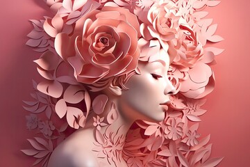 Render 3d of a woman with colorful flowers in her hair in papercraft style. Generative ai