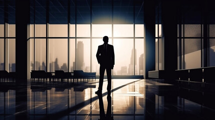 Business background, Smart businessman in black suit standing interior modern office. Generative ai