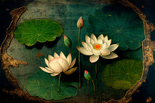 Lotus Flower In Pond From Above Fine Art. Water Lily On Dark Paint Canvas Texture Top View Wallpaper. Japanese Zen Garden Landscape. Vintage Botanical Background.