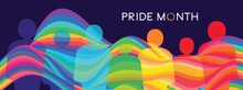 LGBT Pride Month Banner. Rainbow Wave Shape Color And People. Trendy Backdrop For Banner, Poster, Flyer, Website