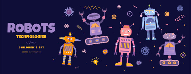 Large set of funny robots in a funny cartoon style. Template for use in the design of children's holidays robots, robotics festival banners. Funny vector illustrations on dark isolated background.