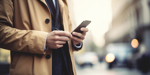 Close-up image of business man watching smart mobile phone device outdoors. Generative AI.
