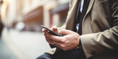 Close-up image of business man watching smart mobile phone device outdoors. Generative AI.