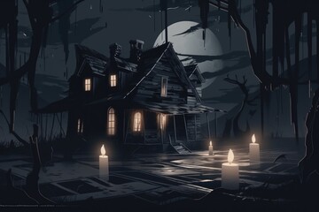 Canvas Print - A creepy house in the woods at night. AI generative image. Generative AI