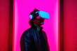 © starush - A man wearing a virtual reality headset in front of a red wall. AI generative image. Generative AI
