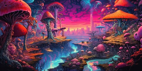 Poster - landscape with the mushroom explosion psychedelic wallpaper