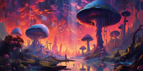 Canvas Print - landscape with the mushroom explosion psychedelic