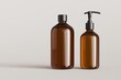 Two brown plastic cosmetic containers, shampoo bottle and soap pump on gray background front view 3D render mockup