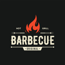 BBQ Hot Grill Vintage Typography Logo Design With Crossed Flames And Spatula. Logo For Restaurant, Badge,cafe And Bar.