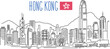 Hong Kong Skyline vector drawing. Illustration isolated on white background. Outline stroke is not expanded, stroke weight is editable