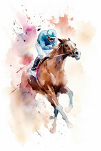 Watercolor Horse With Blue Jockey On Derby Or Oaks Day At Churchill Downs - Great For Invites
