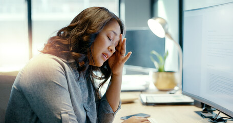 Wall Mural - Business woman, headache or stress at computer screen while frustrated with work and fatigue. Entrepreneur person with depression, burnout or pain at office desk tired of anxiety and mental health