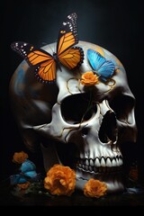 Wall Mural - art flower death skull bone halloween illustration butterfly design skeleton. Generative AI.