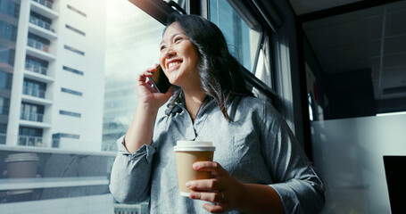 Wall Mural - Business woman, phone call and coffee in communication, talking or conversation by window in corporate city building. Female manager or leader in discussion for strategy on smartphone at the office