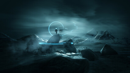 Wall Mural - frozen stormy landscape and astronaut
