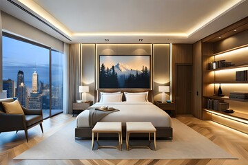 Wall Mural - Cool Bedroom With Led Light. Christmas Eve. Generative AI