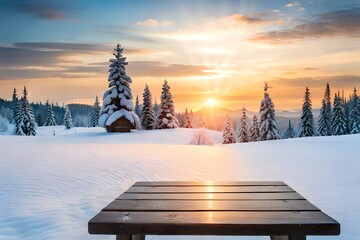 Wall Mural - Empty Wooden Table With Snow Background. Christmas Eve. Generative AI