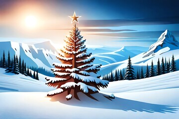 Wall Mural - Abstract Christmas Tree On Blue Background. Christmas Eve. Generative AI