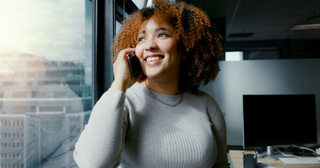 Canvas Print - Phone call, business woman and office window for conversation with city view while happy and talking. Entrepreneur person on with smartphone for networking, communication or deal proposal with smile