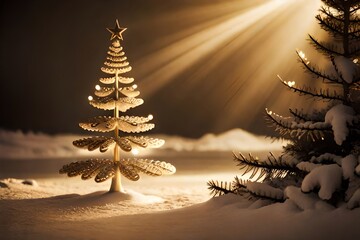 Wall Mural - Stylish Christmas Tree With Vintage Baubles And Golden Lights In Scandinavian Room. Christmas Eve. Generative AI