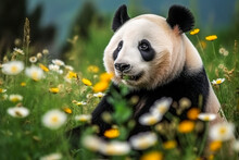 Giant Panda Sitting On The Grass With Flowers In Summer.. Generative AI.
