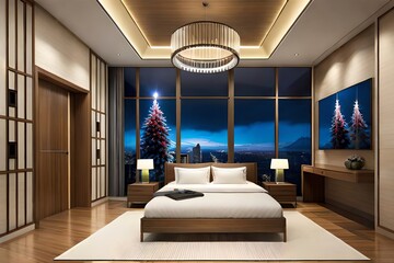 Wall Mural - Cool Bedroom With Led Light. Christmas Eve. Generative AI